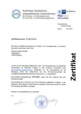 Präqualifizierung Brüning-Carport GmbH Zertifikat 